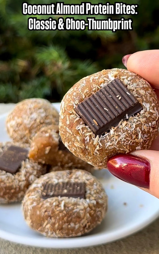Sweet Surrender: Chocolate Thumbprint Coconut Almond Protein Bites (No Blender Needed)!
